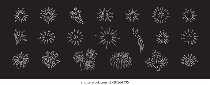 Firework doodle and festive handdrawn firecracker, big set. Celebration line art sketch icons with confetti, sparkle, magical explosive bursts. For party, holiday design. Vector illustration on black