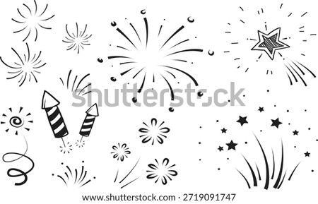 firework doodle icons, celebratory rockets, and starburst sketches isolated on white background for holiday design