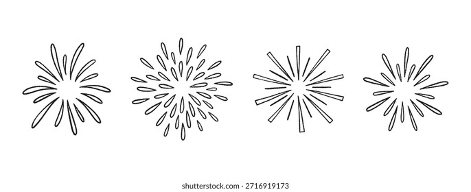 Firework doodles and festive hand drawn firecrackers set. Line art, sketch style celebration icons with stars, sparkles, explosive bursts. For party designs, celebrations, and holiday events. Vector