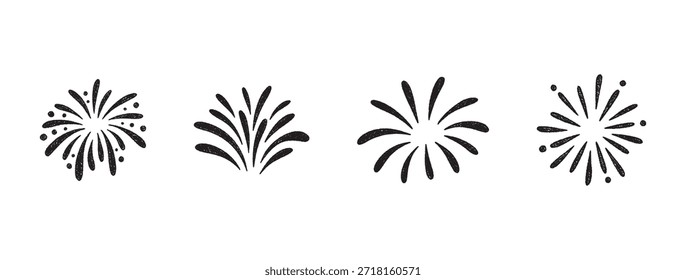 Firework doodles and festive hand drawn firecrackers set. Minimal sketch style celebration icons with stars, sparkles, explosive bursts. For birthday, carnival, holiday events. Vector illustration