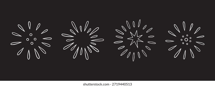 Conjunto de garabatos de fuegos artificiales y petardos festivos dibujados a mano. Iconos de celebración de estilo de boceto mínimo con estrellas, destellos, ráfagas mágicas. Para diseños de fiesta y vacaciones. Ilustración vectorial, negro bg