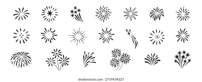 Firework doodles and festive hand drawn firecrackers, big set. Minimal sketch style celebration icons with stars, sparkles, explosive bursts. For birthday, carnival, holiday event. Vector illustration