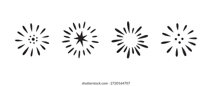 Firework doodles and festive hand drawn firecrackers set. Minimal sketch style celebration icons with stars, sparkles, explosive bursts. For birthday, carnival, holiday events. Vector illustration
