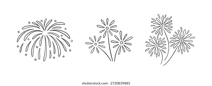 Firework doodles and festive hand drawn firecrackers set. Line art, sketch style celebration icons with stars, sparkles, explosive bursts. For birthday, carnival, holiday events. Vector illustration