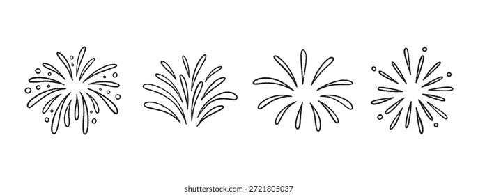 Firework doodles and festive hand drawn firecrackers set. Line art, sketch style celebration icons with stars, sparkles, explosive bursts. For party designs, celebrations, and holiday events. Vector