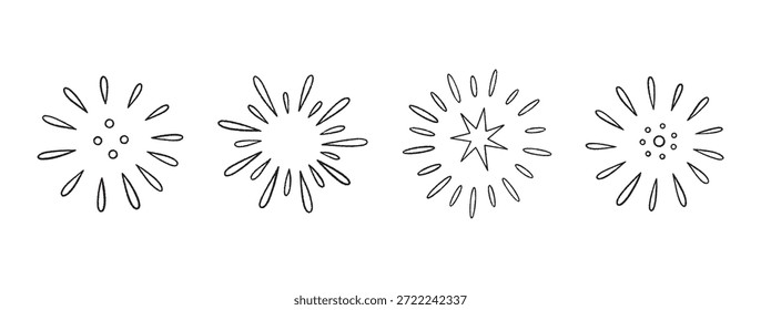 Firework doodles and festive hand drawn firecrackers set. Line art, sketch style celebration icons with stars, sparkles, explosive bursts. For party designs, celebrations, and holiday events. Vector