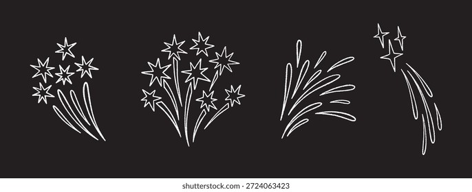 Conjunto de garabatos de fuegos artificiales y petardos festivos dibujados a mano. Iconos de celebración de estilo de boceto de línea mínima con estrellas, destellos, ráfagas mágicas. Para el diseño de fiesta y vacaciones. Ilustración vectorial, negro bg