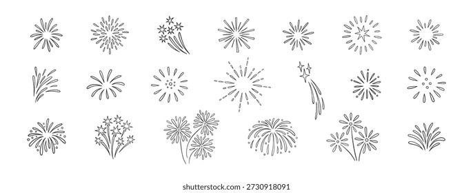 Firework doodles and festive hand drawn firecrackers set. Line art, sketch style celebration icons with stars, sparkles, explosive bursts. For birthday, carnival, holiday events. Vector illustration