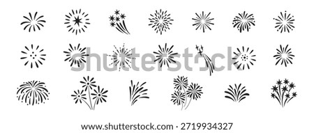 Firework doodles and festive hand drawn firecrackers, big set. Minimal sketch style celebration icons with stars, sparkles, explosive bursts. For birthday, carnival, holiday event. Vector illustration