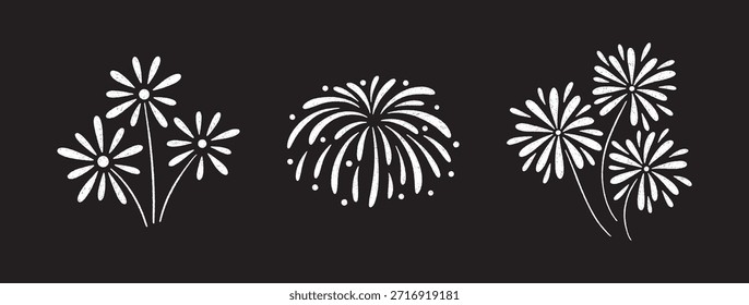 Garabatos de fuegos artificiales y festivo juego de petardos dibujado a mano. Iconos de boceto de celebración con confeti, destellos y ráfagas mágicas. Para fiesta, carnaval, diseño de vacaciones. Ilustración vectorial, fondo negro