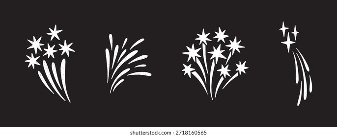 Firework doodles and festive handdrawn firecracker set. Celebration sketch icons with confetti, sparkles, and magical bursts. For party, carnival, holiday design. Vector illustration, black background