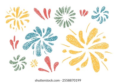 Firework drawing by crayon set. Colorful party firecrackers and splashes in scribble doodle style isolated on white background. Carnival decoration. Vector hand drawn by pencil and chalk illustration