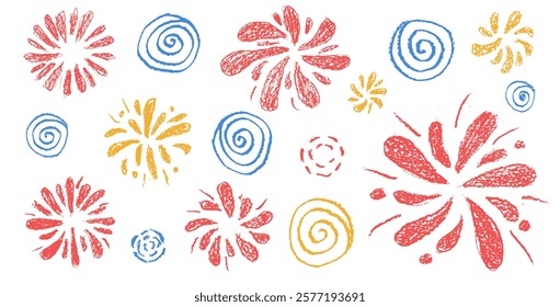 Firework drawing by crayon set. Colorful party firecrackers and splashes in scribble doodle style isolated on white background. Carnival night decoration. Vector hand drawn by pencil illustration