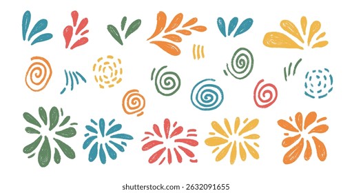 Feuerwerk Zeichnung von Buntstift-Set. Bunte Party-Feuerwerkskörper und Spritzer im Kritzel-Doodle-Stil einzeln auf weißem Hintergrund. Vektorkarneval Dekoration.