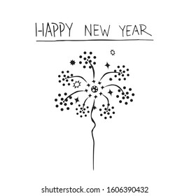 Firework drawing with text tittle. Pyrotechnics exploding and people celebrate new year, hand drawn silhouette vector illustration. Black and white celebration flame show.