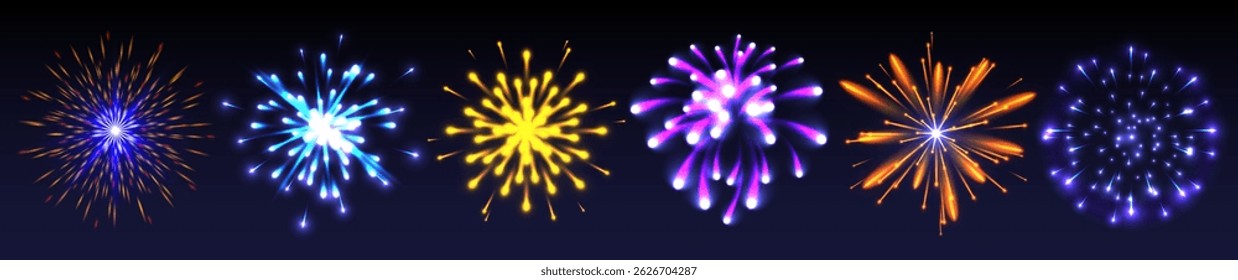 Firework effect set with blue, yellow and pink bursts - glowing neon firecracker explosions, festive bright colorful flash on black. Shiny salute lights collection for holiday celebration design.
