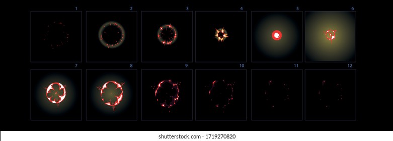 Feuerwerksexplosionsanimation. Animation der Brandblase. Feuerwerk Sprite Blatt für Spiel, Cartoon oder Animation. 2d klassischer Animationseffekt.
