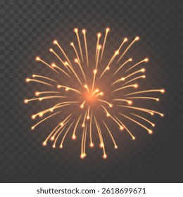 Firework Explosion Bright Sparkle on Transparent Dark Background, Glowing Festive Celebration Light Burst Effect for Holiday and Party Design Elements. Vector Illustration.
