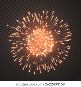 Firework Explosion Bright Sparkle on Transparent Dark Background, Glowing Festive Celebration Light Burst Effect for Holiday and Party Design Elements. Vector Illustration.