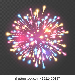 Firework Explosion Bright Sparkle on Transparent Dark Background, Glowing Festive Celebration Light Burst Effect for Holiday and Party Design Elements. Vector Illustration.