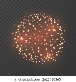 Firework Explosion Bright Sparkle on Transparent Dark Background, Glowing Festive Celebration Light Burst Effect for Holiday and Party Design Elements. Vector Illustration.