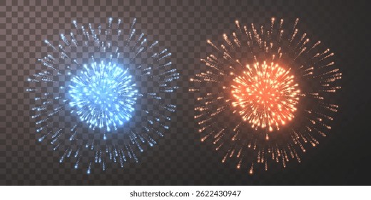 Firework Explosion Bright Sparkle on Transparent Dark Background, Glowing Festive Celebration Light Burst Effect for Holiday and Party Design Elements. Vector Illustration.