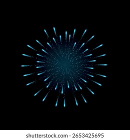Explosão de fogos de artifício com luzes e partículas de néon azuis brilhantes. Pirotecnia para férias. Fogo. Popper de festa para férias, festa, festival, show. Ilustração vetorial. Plano de fundo preto isolado.
