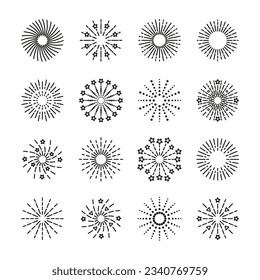 Firework explosion icon. Line sparkle. Outline birthday party elements. Happy new year shiny symbol. Set of burst stars, sparks and salutes isolated on white background. Vector illustration.