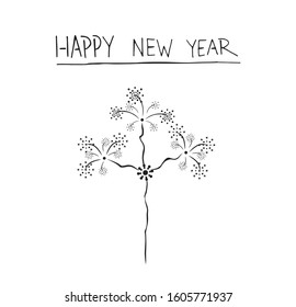 Firework explosion at new year night and letters text simple outline illustration. Celebration skyline hand drawn decoration. Black and white sparkle shoot drawing.