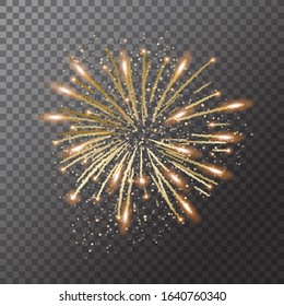 Firework explosion in night. Firecracker rocket bursting in big sparkling star balls.