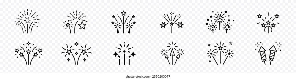 firework explosion in the sky Icon Set. Confetti Icon Set. Fireworks icon collection. Set of firework icons. Fireworks with stars and sparks isolated on white background.