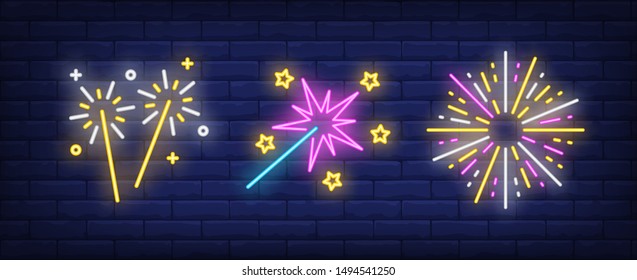 Firework explosion and sparklers neon signs set. Holiday, anniversary, pyrotechnics design. Night bright neon sign, colorful billboard, light banner. Vector illustration in neon style.