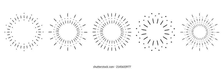 Firework explosion, stars, emblem, logo, tag. Sunburst set. Vintage sunrise collection.  Vector light rays elements. Vector Illustration 