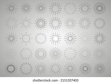 Explosión de fuegos artificiales, estrellas, emblema, logo, etiqueta. La puesta de sol. Colección de amanecer de época.  Elementos de rayos de luz vectorial.  Ilustración vectorial 