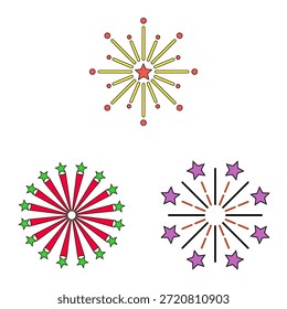 Símbolos de explosão de fogos de artifício com linhas radiantes estrelas e estilo de desenho animado plano