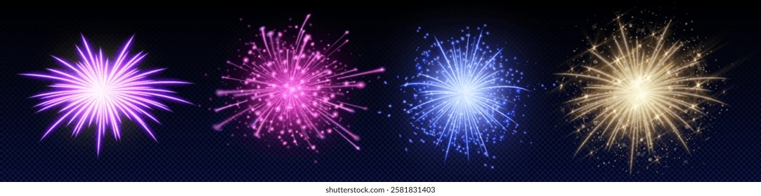 Firework explosions set with sparkling stars - luminous firecracker bursts in pink, blue and golden colors radiating from bright center. Night sky light effects for festive events, party design.