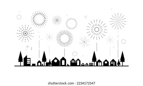 Festival de fuegos artificiales celebra petardos en el cielo sobre la ciudad con fondo blanco. Silhouette. Línea simple. Icono de fuegos artificiales para Navidad y Año Nuevo festivo. Ilustración vectorial.