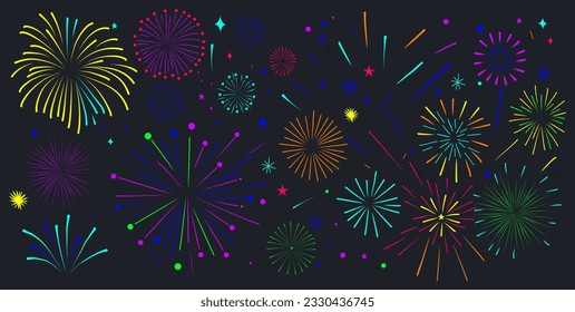 Firework festival celebration background. Festive show in night sky. Exploding Flashes of salutes. Holiday entertainment scene. Colorful flat vector cartoon illustration on dark blue background