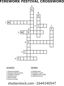 E Firework Festival Crossword Puzzle Game Imprimível Planilha Atividade vetor
