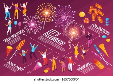 Firework festive celebration isometric infographic flowchart with happy people in costumes enjoying party firecrackers rockets vector illustration 