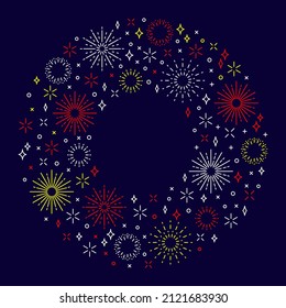 Firework festive circle banner postcard line style. Abstract invitation greeting important date holiday Christmas new year birthday. Background line pattern template. Website element promo poster