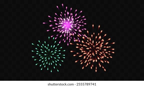 Firework festive color effect on a transparent background. Holiday Wedding Festival Design for Birthday Card Poster advertising. Vector