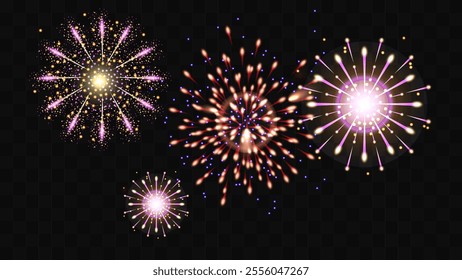 Firework festive color on a transparent background. Mood of celebration and fun. Holiday Wedding Festival Design for Birthday Card Poster advertising. Vector