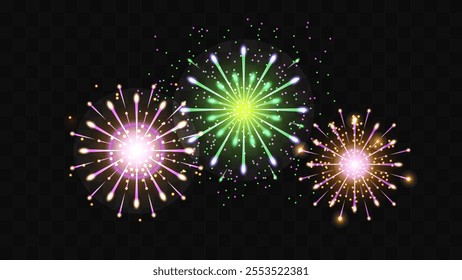 Firework festive color soaring into the sky on a transparent background. Holiday Wedding Festival Design for Birthday Card Poster advertising. Vector