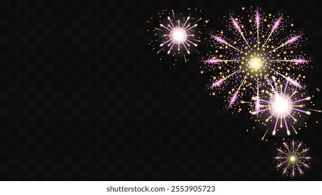 Firework festive Dynamic color on a transparent background. Holiday Wedding Festival Design for Birthday Card Poster advertising. Vector