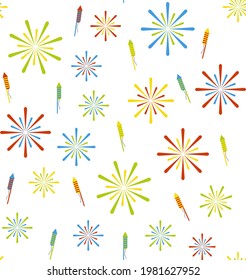 Firework and firecracker seamless vector pattern. Perfect for background, wallpaper, wrapping paper or fabric.