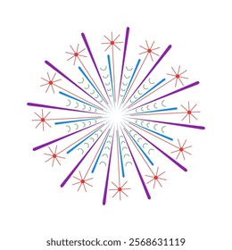 Firework flare with vibrant spark rays. Colorful outburst icon featuring sunlight circle design. Abstract burst graphic for explosion inspired artwork on white background