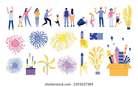 Firework flat icons set with happy people celebrating isolated vector illustration