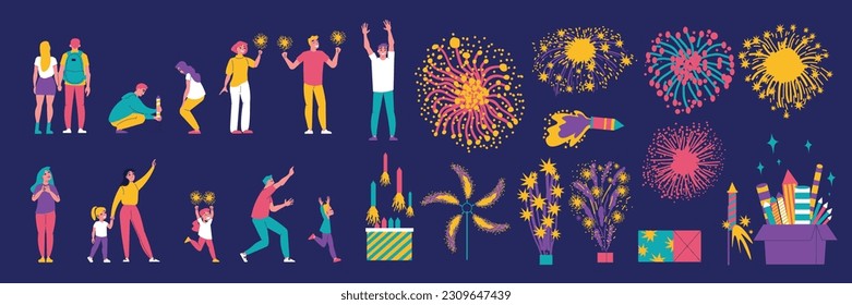 Iconos planos de fuegos artificiales con gente alegre y coloridas explosiones de fuego ilustraciones vectoriales aisladas