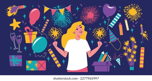 Firework flat items set with happy girl and celebration symbols vector illustration